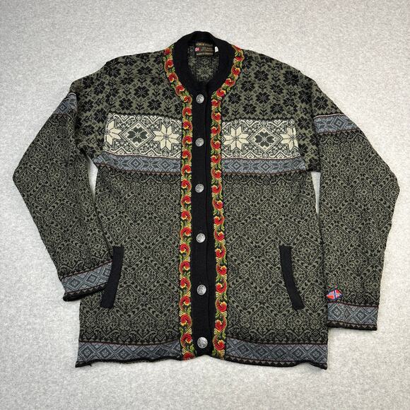 Norsk Wear Norwegian Wool Sweaters Unisex XL Green Geometric Button Up Cardigan - Picture 1 of 9